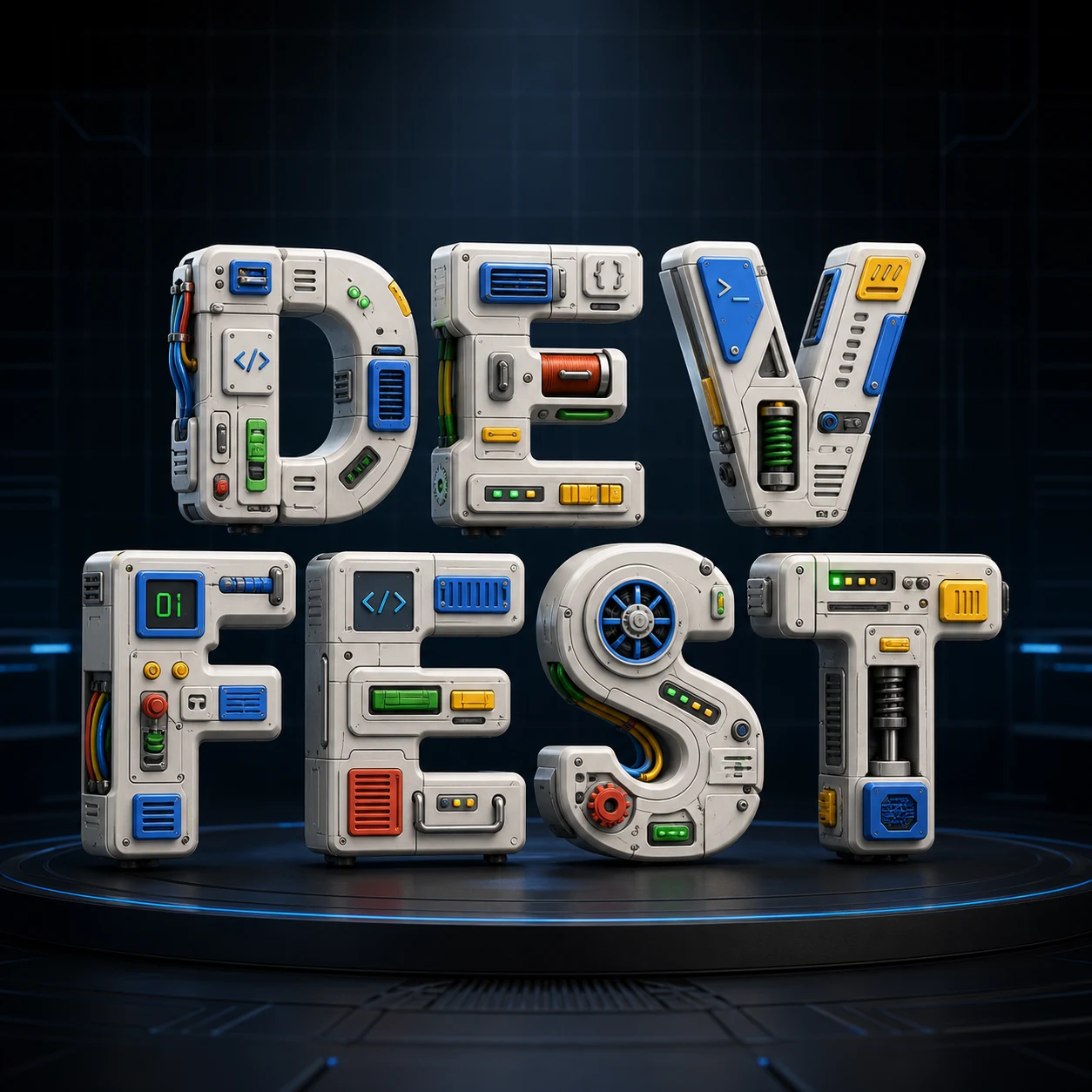 由 Google 四色机械模块组成的 DEV FEST 立体字母装置